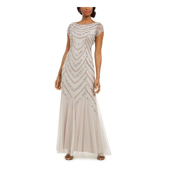 Adrianna Papell Embellished Godet-Inset Gown, Marble Taupe, Sizes 6, BN - Picture 1 of 2